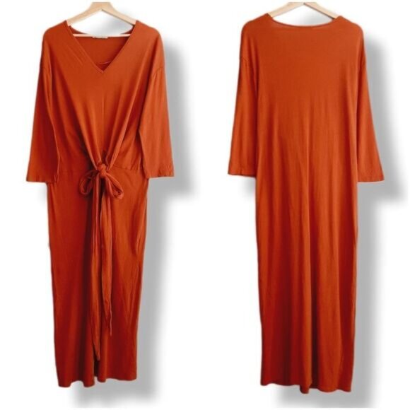 ZARA | 100% Cotton Minimalist Modern V-Neck Midi Dress Orange Sz S - Picture 15 of 16